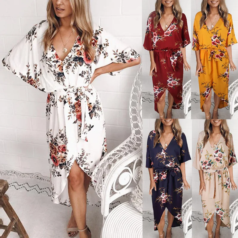 

St-016 2019 latest beautiful & elegant floral print shorts sleeve dresses for casual women wear with irregular tail hem ladies, Picture show