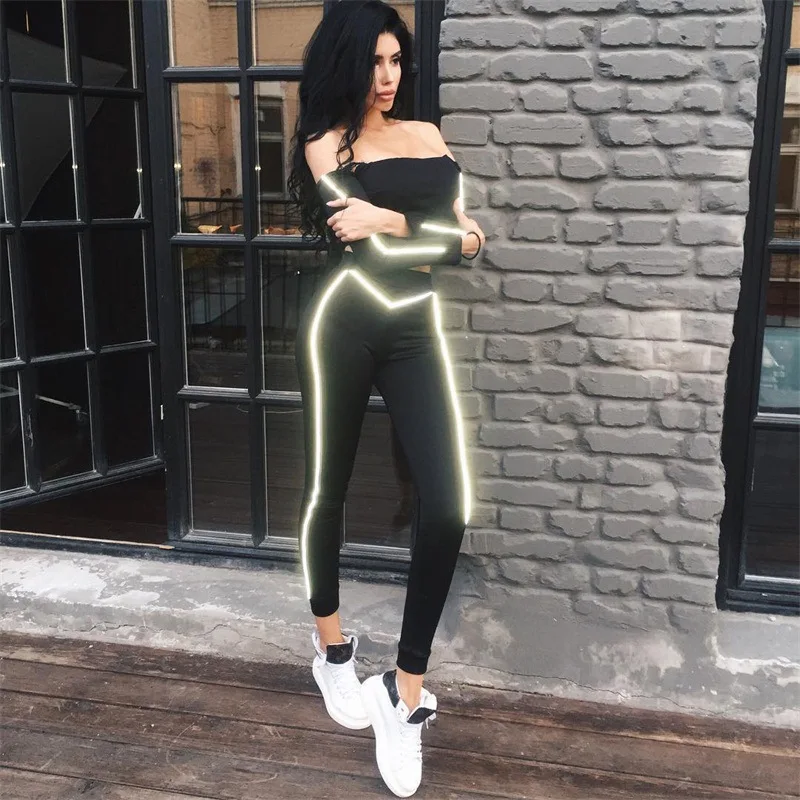 

Womens Hot Design Luminous Ribbon Slim Sport Stretchy Tracksuit Sets A341, N/a