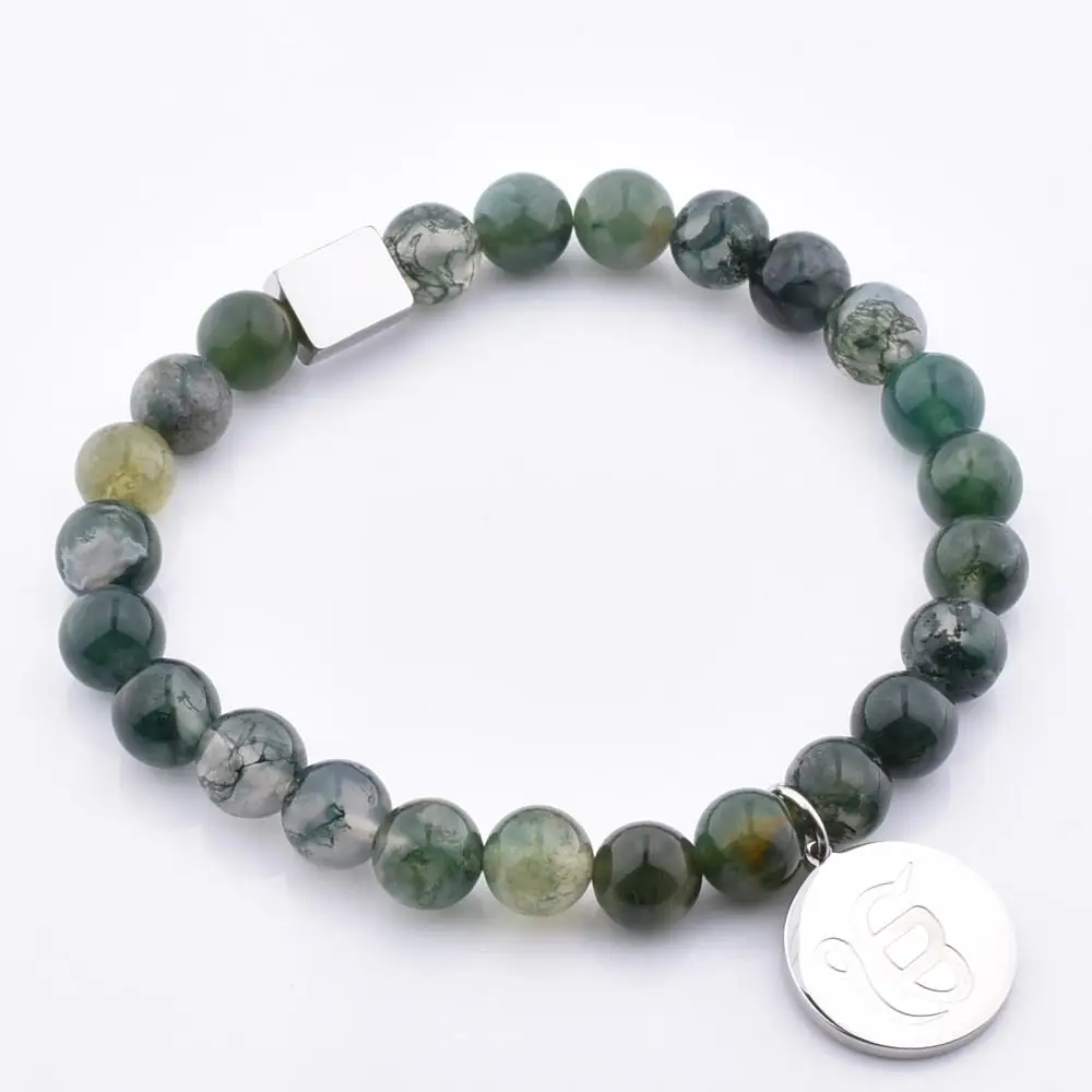

Ek onkar Logo Engraved Charm Bracelet With Natur Green Mass Stone For Woman