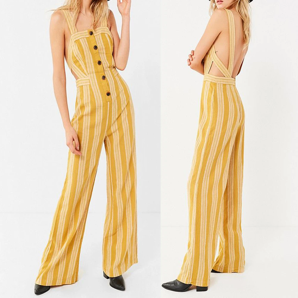 

Women Summer Fashion Clothes Cotton Linen Striped Jumpsuit for factory price, Yellow white & customized