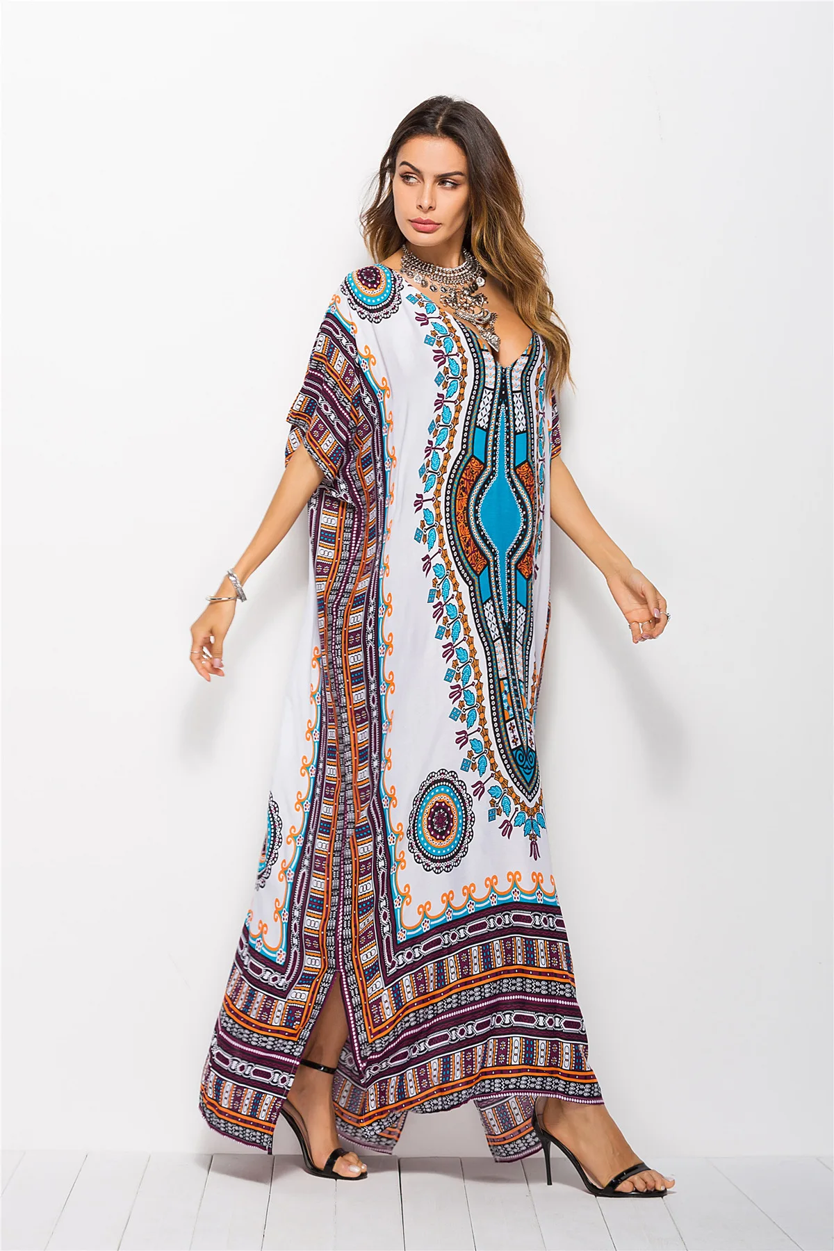 2019 Hot Selling Women's White Ethnic Print Kaftan Maxi Dress Summer ...