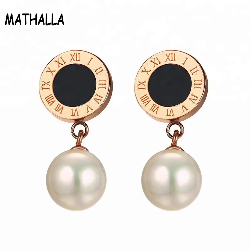 

Fancy Pearl Drop Earring Stainless Steel Rose Gold Plated Jewelry Enamel Roman Numeral Stud Earring