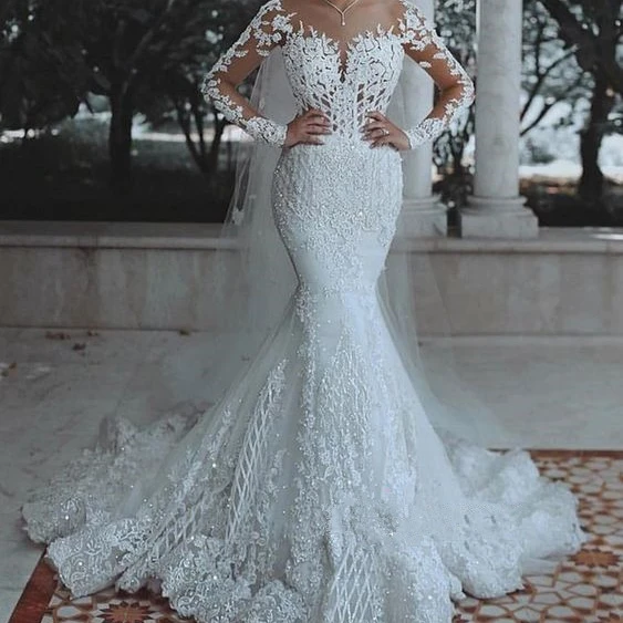 

Robe de mariage 2021 neueste Mermaid Weeding Gown Elegant Scoop Bridal Dress Brautkleider mit langen Applique Lace Up Braut