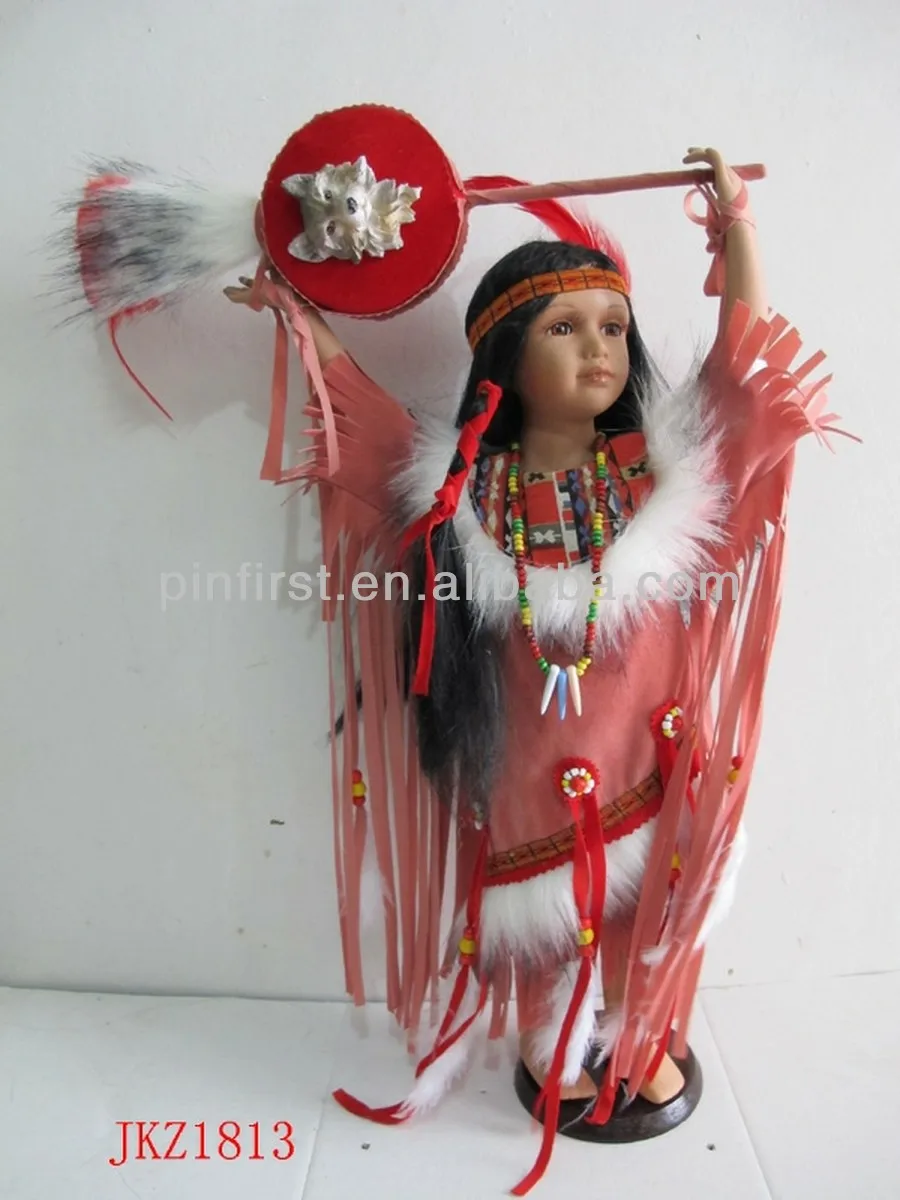 Ceramic Head Native American Indian Female Doll W/ Pink Cloth Outfit