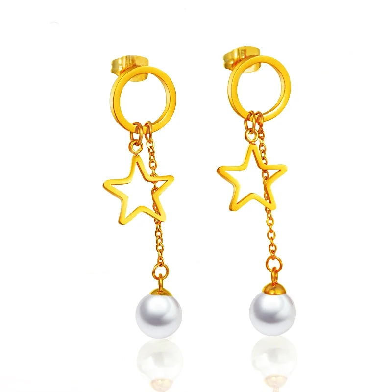 

BAOYAN Simple Gold Plated Long Chain Luck Star Stainless Steel White Round Pearl Drop Earrings