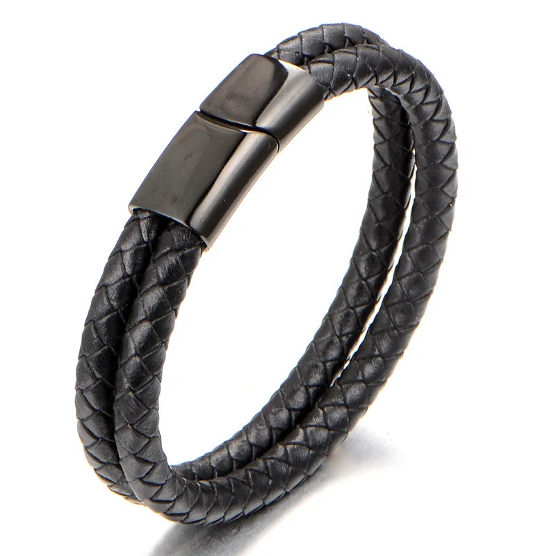 

Wholesale Jewelry Stainless Steel Braided Bracelets Magnetic Buckle Mens Genuine Leather Bracelet, Black