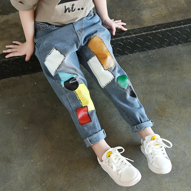 

Casual Style Denim Trousers Elastic Waist Graffiti Printed Girls Jeans Pants, As picture