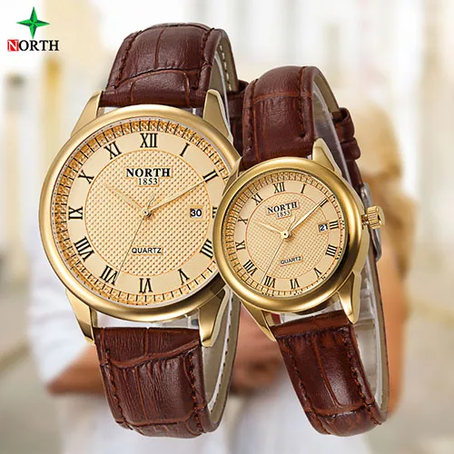 

North 6019 Luxury Brand Leather Strap Gold Plate Men Women Watch Fashion Couple Lover Roman Dial Watch Valentine Gift, 5 colors