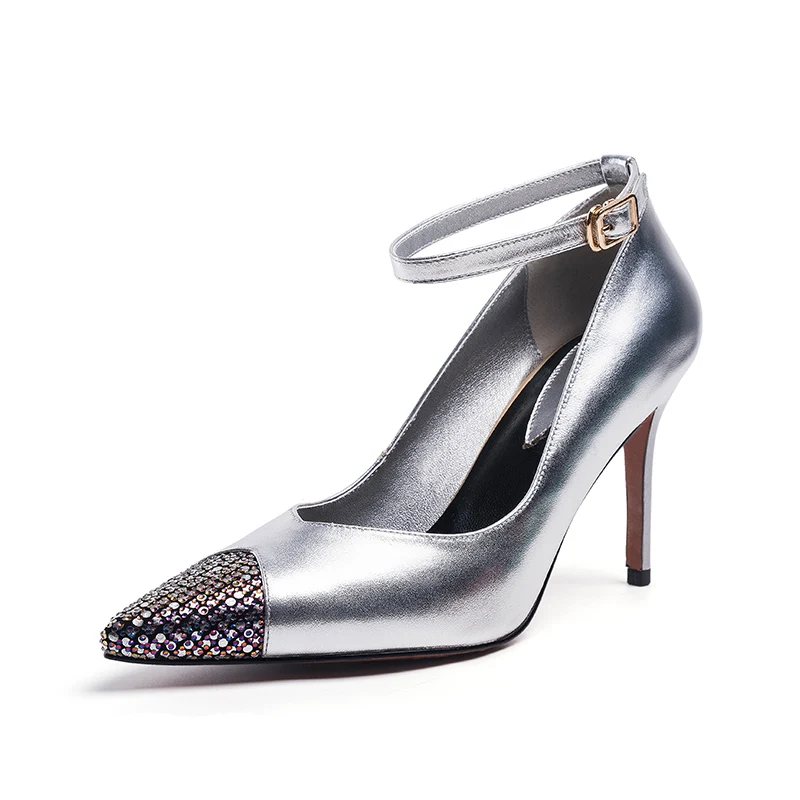 

Shining Cow Leather Ladies Dress Shoes Women Sexy Heels Women Shoes High Heels With Straps, Silver/red/green