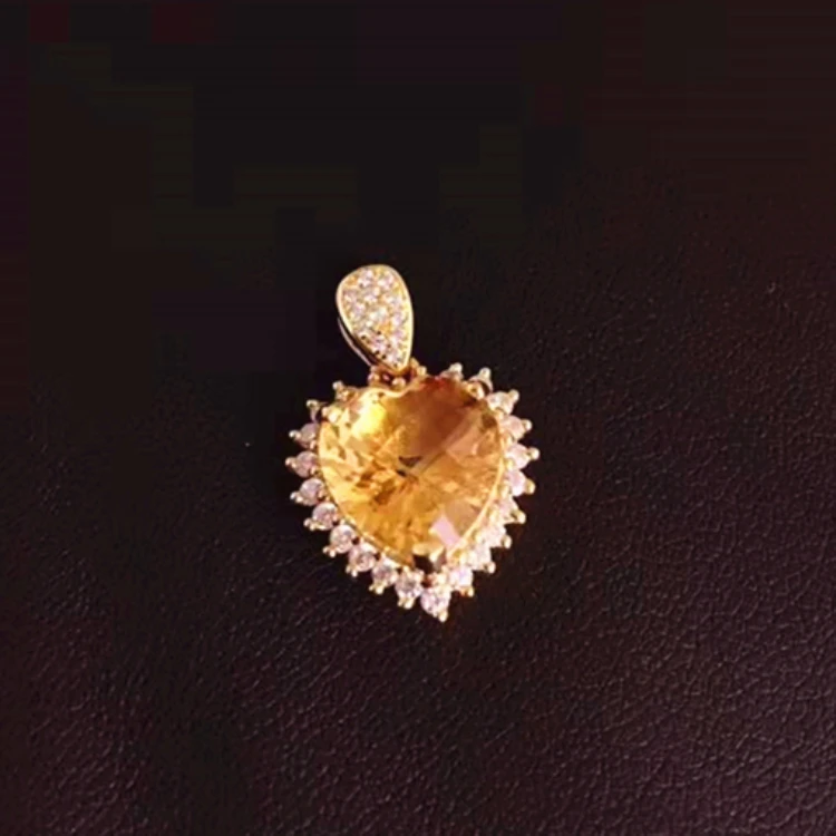 

beaded tassel pendant 18k gold plated 925 sterling silver natural citrine pendant with chain for women 10mm pendant heart shape, Yellow