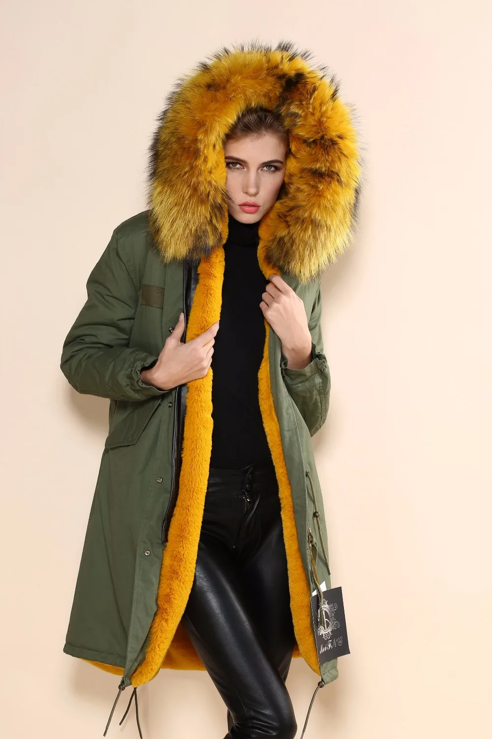 fashion women coat raccoon fur trim for hood parka coat