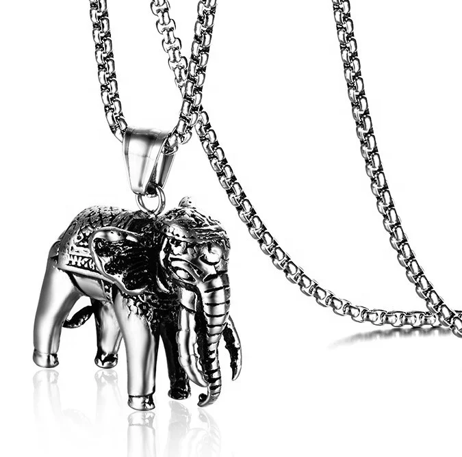 

316L stainless steel elephant pendant men necklace, Silver, black