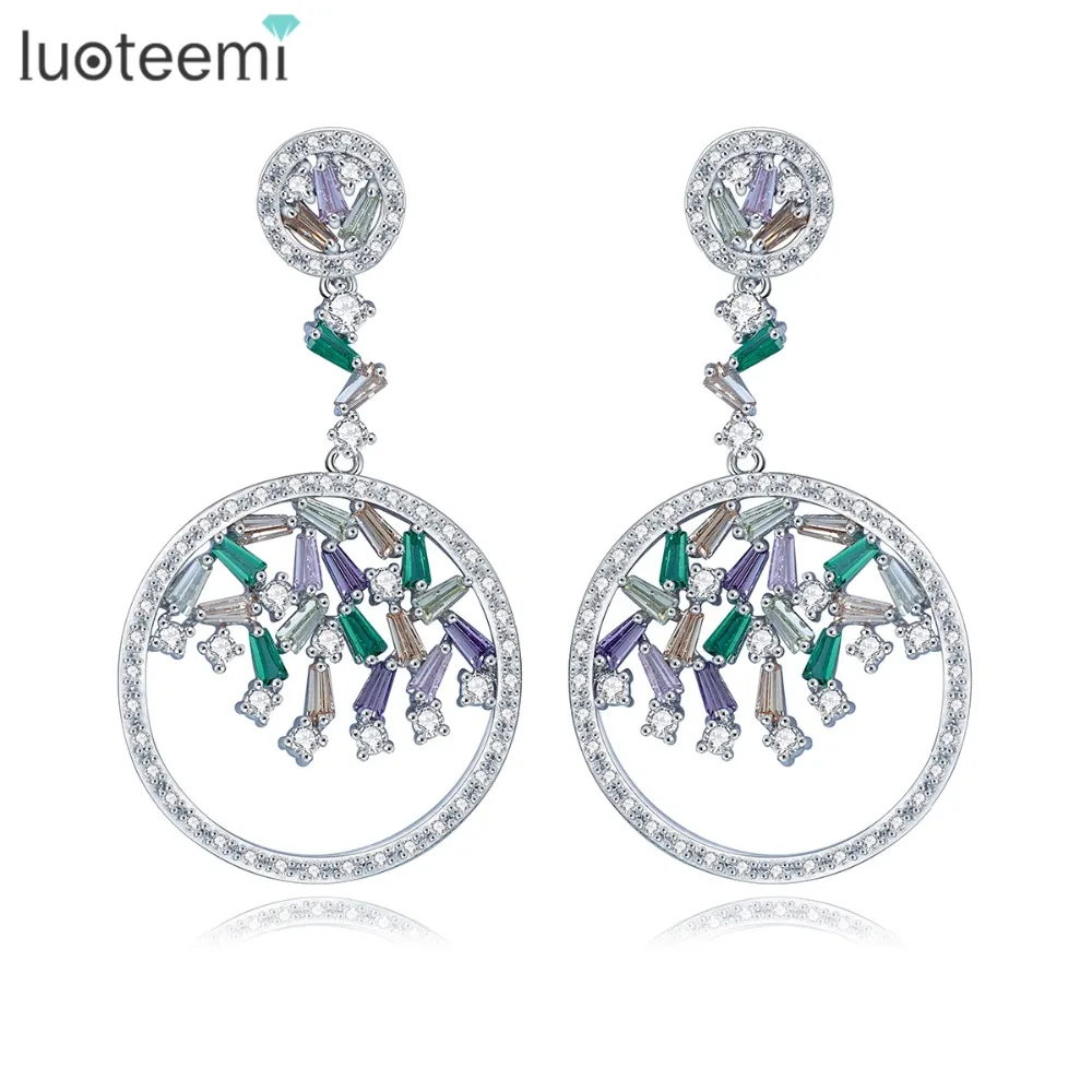 

LUOTEEMI Wholesale Rhodium Plated Luxury Artificial Multi CZ Diamond Dangle Earrings Women Wedding Jewelry, N/a