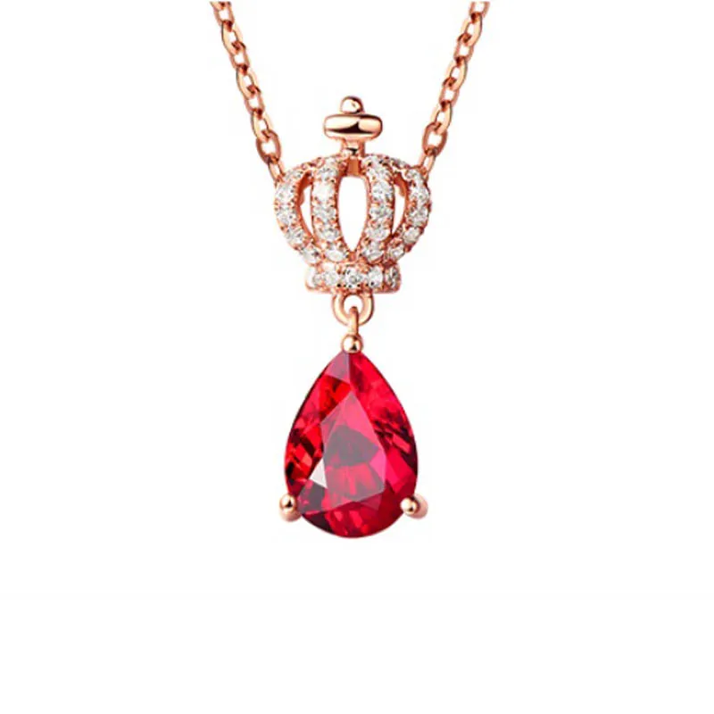 

wholesale crown style diamond 0.86ct red ruby pendant necklace women 14k rose gold fine jewelry
