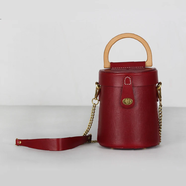 

Guangzhou Fashion New Design Genuine Leather Vintage Lady Cylinder Bucket Bag With Wooden Handle Online Shopping