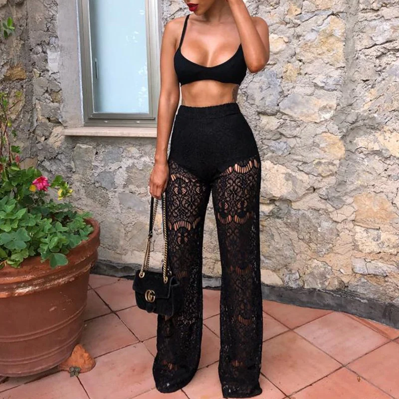

women long lace pants 2018 European style sexy girl fashion new design pant, White;black
