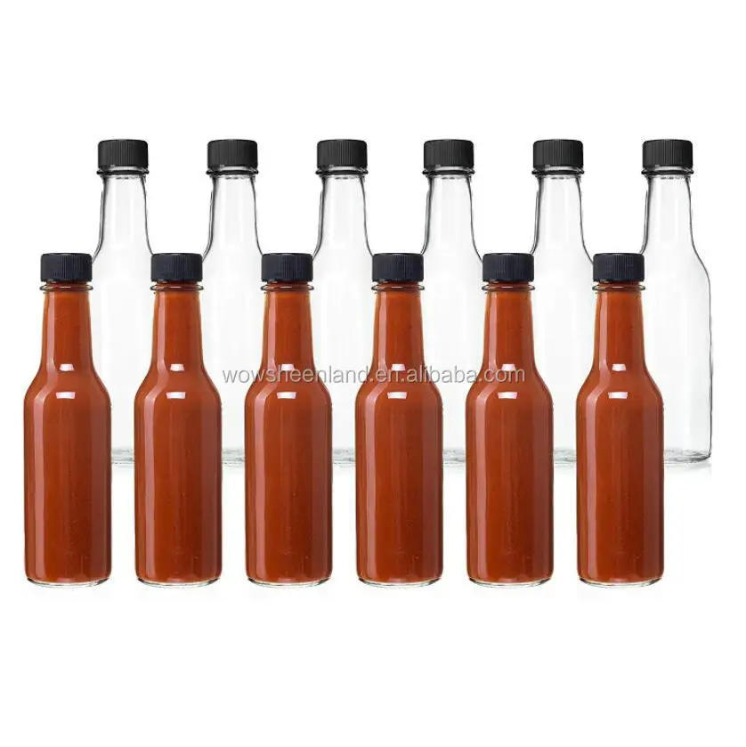 5 Oz Empty Clear Glass Hot Sauce Bottles With Black Caps And Drip