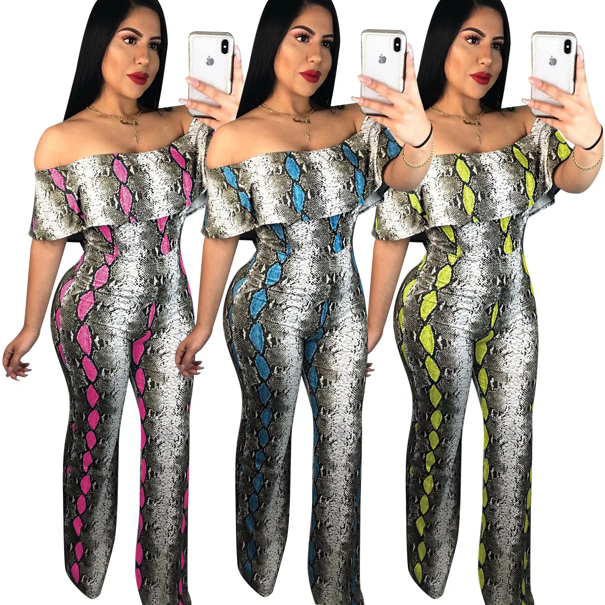 

M7073 ruffles sleeve Snake skin printed jumpsuits rompers for women