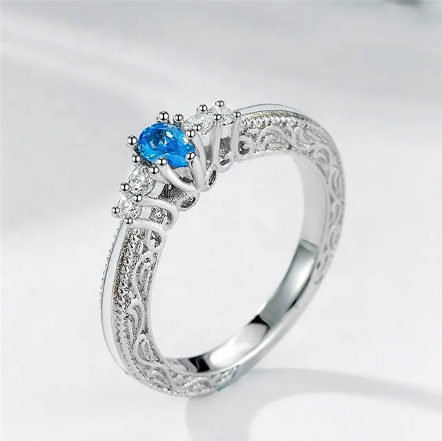 

Vintage Charming Sea Blue Austrian Crystal Princess Rings Women Water Drop AAA CZ Stone Jewelry Bijoux Femme Anillos