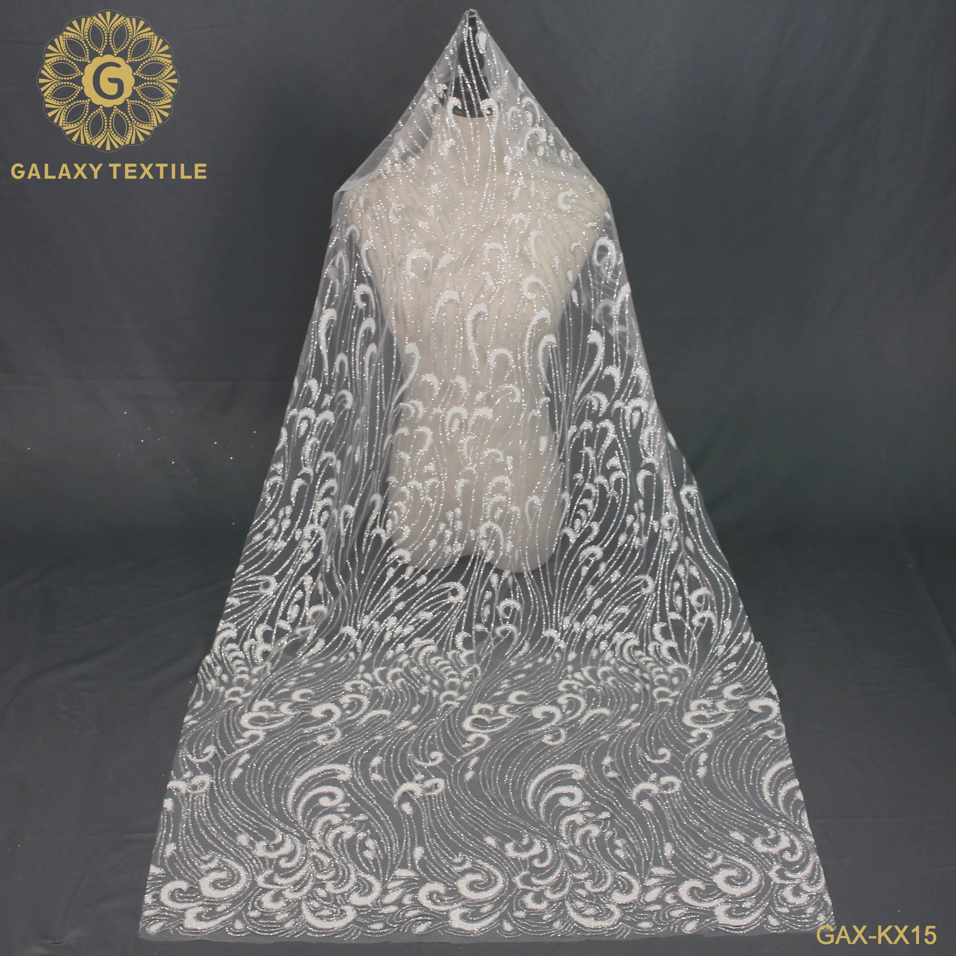 

Latest design 2020 wholesale glitter fabric GAX-KX15, White