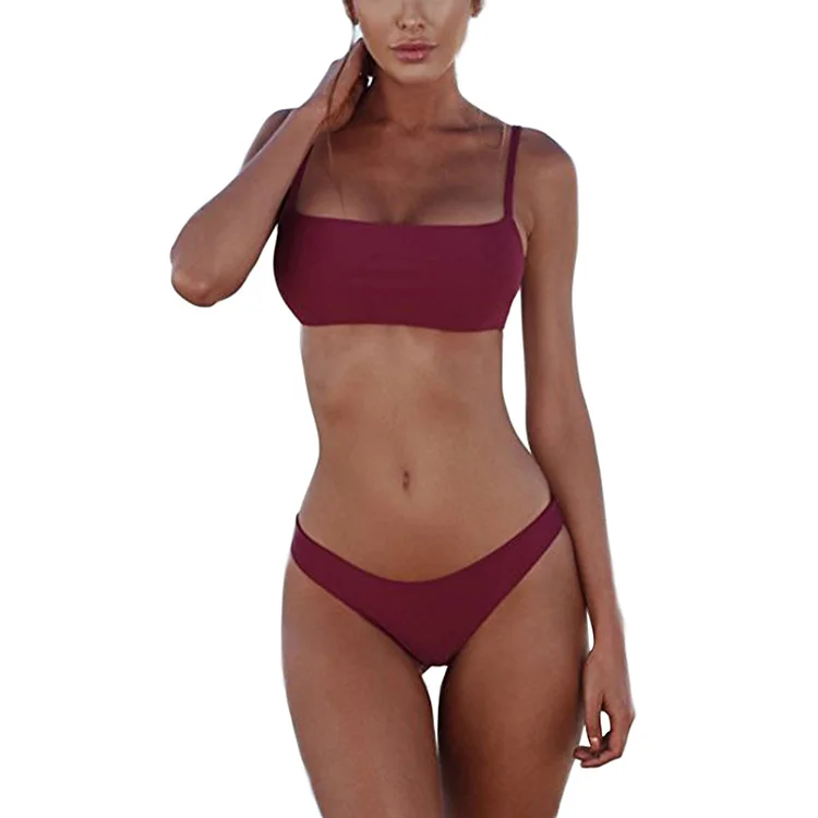 

Hot Selling Two Pieces Wine Red Beautiful Baring Back Pad Bikini Swimwear, As pic shown