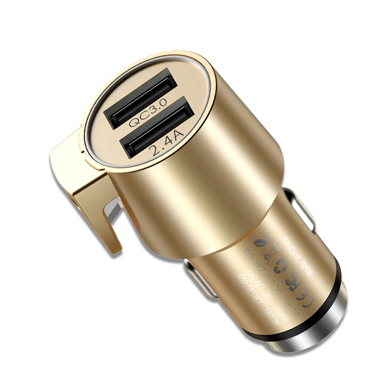 

2019 Luxury Promotion 30W Quick Charger QC 3.0 Dual USB Car Charging Aluminium Alloy Car Charger with hammer and knife, Grey;gold