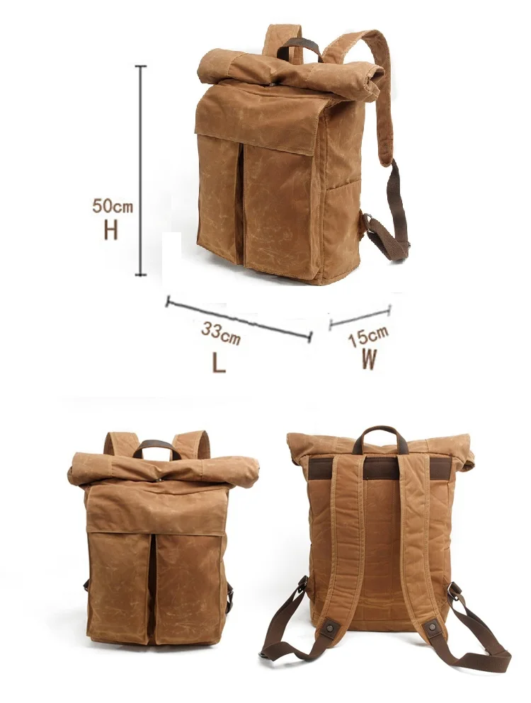 2018 Large capacity vintage outdoor water proof waxed canvas travelling hiking backpack bag for men