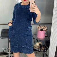 

2020 New Women Clothing Plus Size Blue Loose Straight Skirt Three Quarter Sleeve O Neck Casual Denim Dress