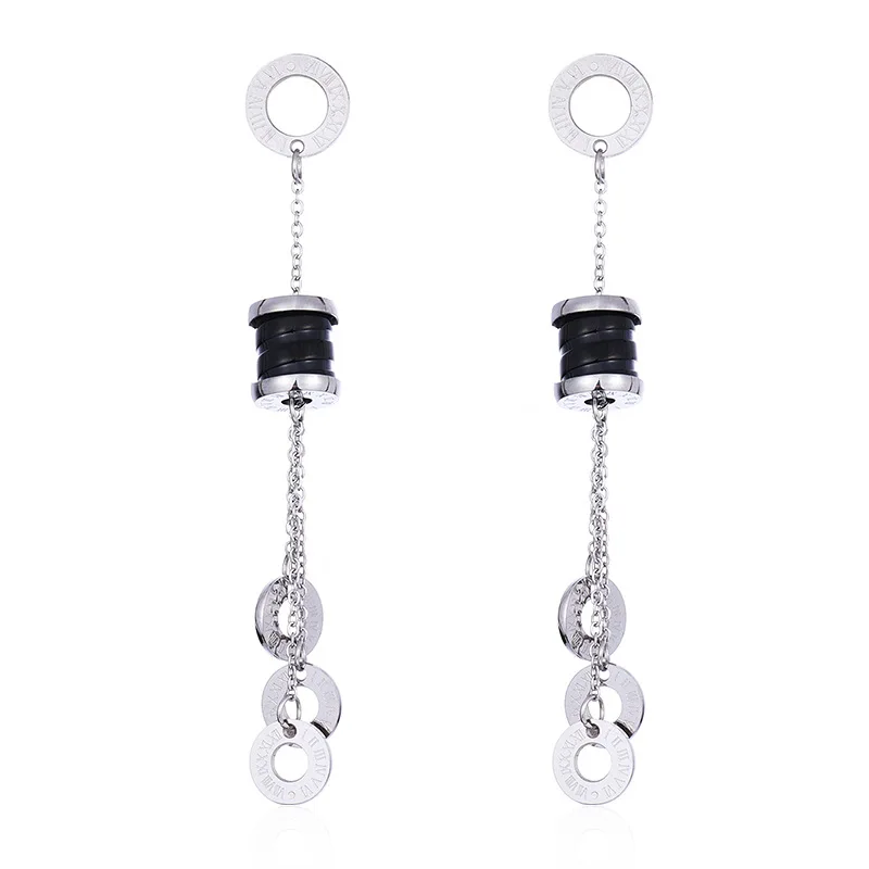 

Titanium Steel Ceramic Tassel Earrings Fashion Rose Gold Silver Roman Numerals Geometry Dangle Earrings (SK375)