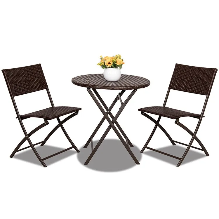 3pc Folding Round Table And Chair Rattan Bistro Set Wicker Outdoor