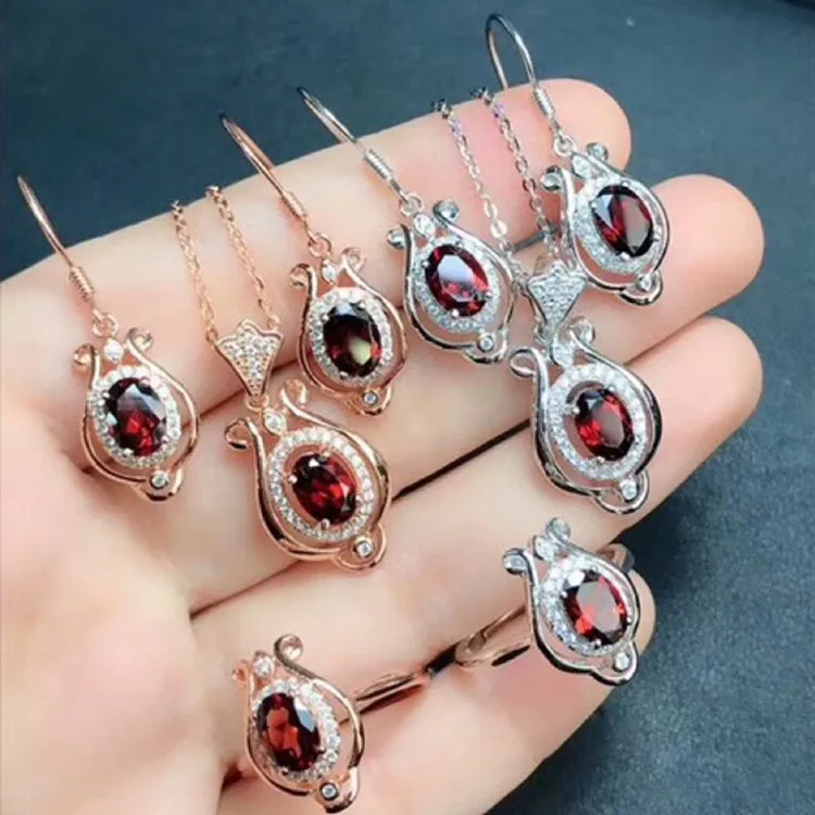 

wholesale new fashion 925 sterling silver red garnet natural stone fine jewelry set