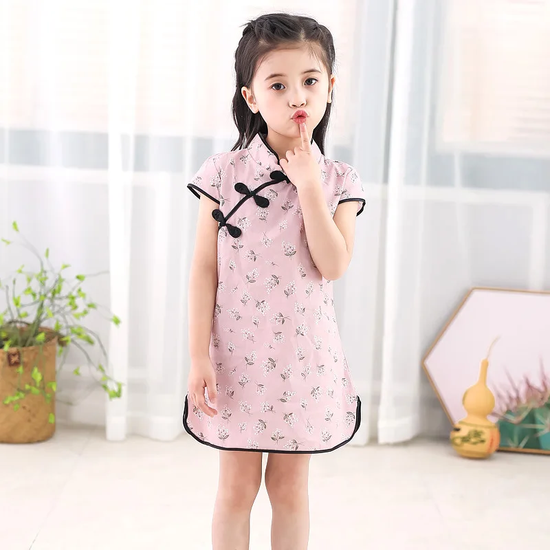 
baby cheongsam summer children baby ethnic style flower girls clothing dress plate button Chinese dress qipao 