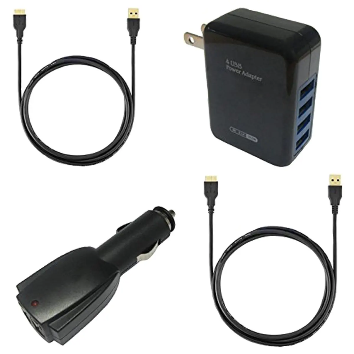Supertech™ Essential Home And Car Charger Kit - Includes 2PCS 3 Feet USB 3.0 A To Micro B Superspeed Data Sync & Charging Cable, 1PCS 2 Port Car Charger, and 1PCS 4 Port Home/Travel Wall Charger ,BlackSupertech™ Essential Home And Car Charger Kit - Includes 2PCS 3 Feet USB 3.0 A To Micro B