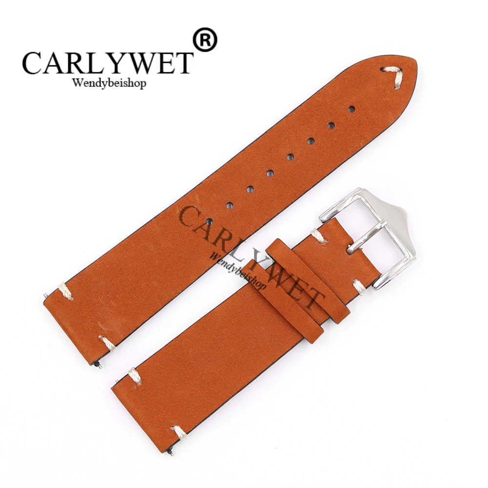 

CARLYWET 20 22 24mm Men Women Genuine Cowhide Suede Leather Handmade Stitched Orange Watch Band Strap Silver Polished Pin Buckle