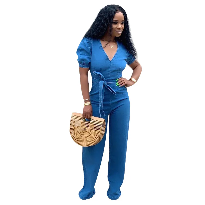 

Denim V-Neck Solid Color Jumpsuit With Belt