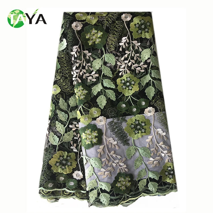 

2018 High quality green nigerian tulle african women clothing dress lace fabrics 5 yards french net with stones and sequin