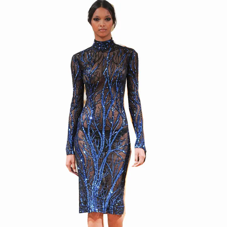 

Guangzhou Factory Dropship Sexy Long Sleeve Sequin Party See Through Bandage Bodycon Tight Lace Women Mini Dresses, Blue