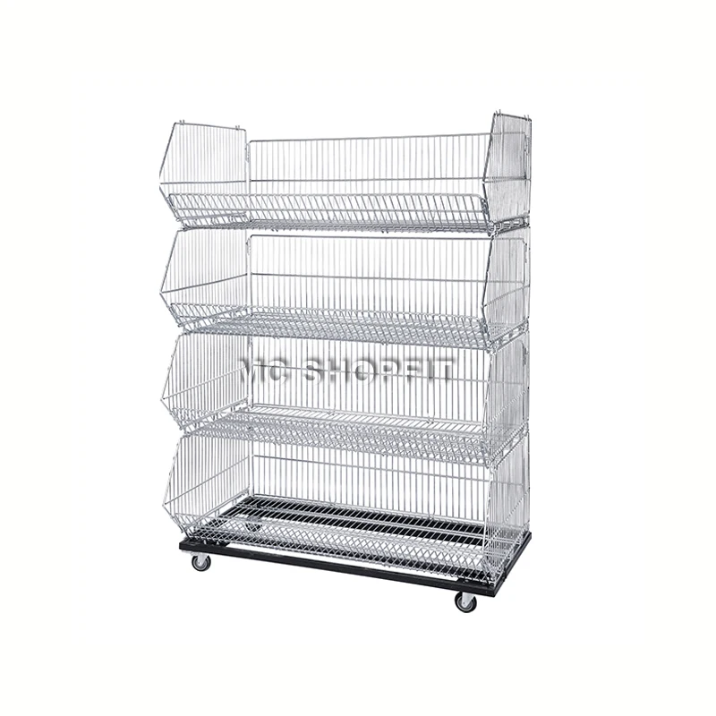 Stacking Wire Basket Storage Display Shelf Rack For Bakery On Wheels