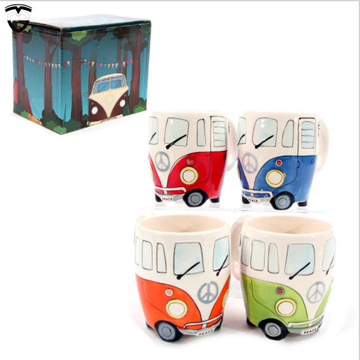 

creative small animal Carton Double Bus Hand Retro Ceramic Cup tea water Coffee Milk Tea enamel car Mug with handle 400ml, Customized