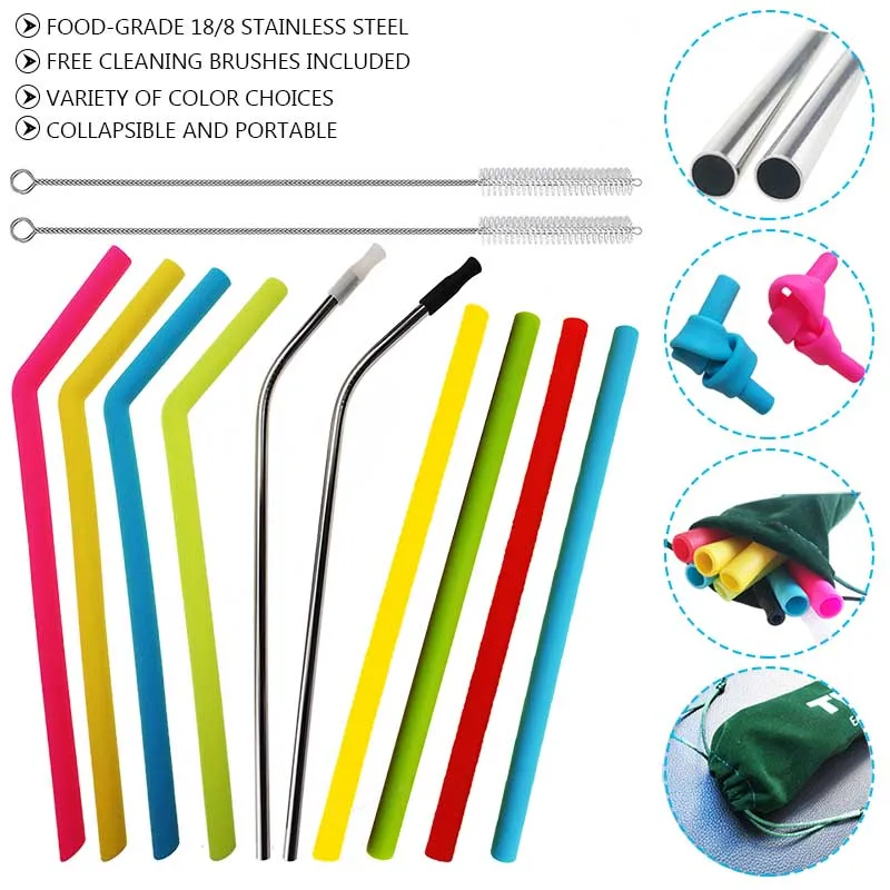 Reusable Stainless Steel Straws,Silicone Straws With Cleaning Brushes ...