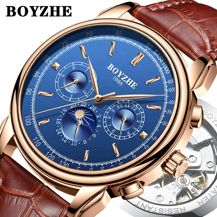 

BOYZHE Elegant Brand Custom Watch Logo Mechanical Automatic Skeleton Moon Phase Tourbillon Watch Men, N/a