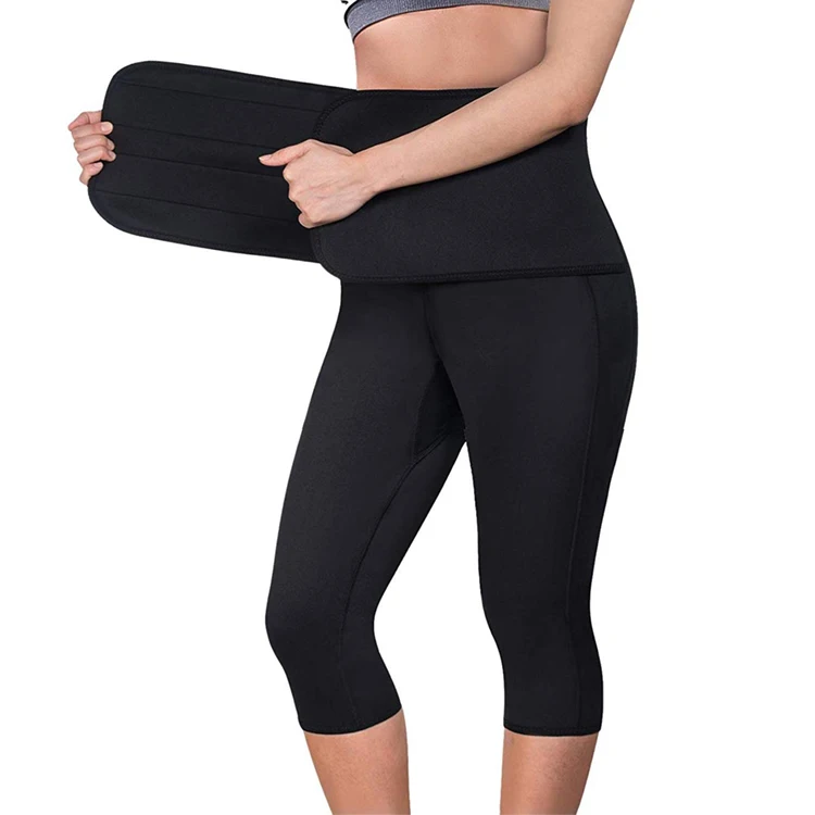 

Hot Women Sauna Yoga Pant Capris Fat Control Sweat Legging with Waist Trainer Belt, Black