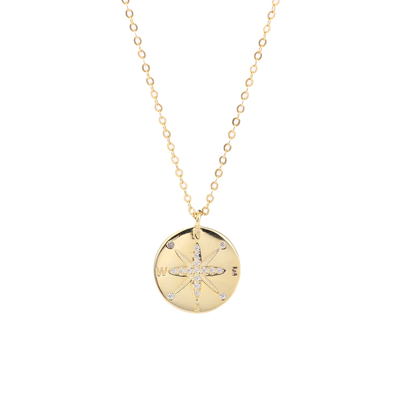 

New Design Gold Compass Necklace 925 Sterling Silver Zircon Compass Pendant Necklace For Jewelry