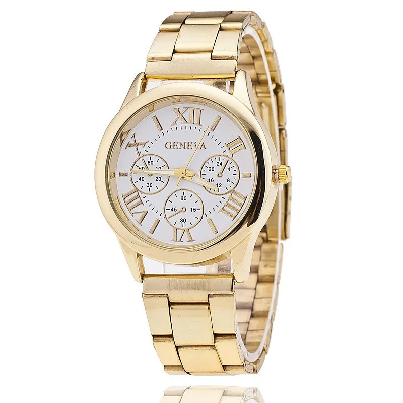 

Hot Luxury Geneva Fashion Men Watches Gold Stainless Steel Roman Numerals Analog Quartz Wrist Watches GW026, Black/white