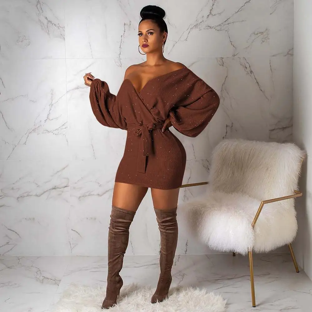 

New Fashion Ladies Wear Long Sleeve Sexy Wrap Mini One Piece Dress, Brown,purple