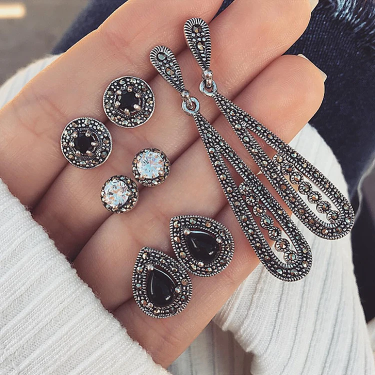 

4 Pair/set Bohemian Retro Hollow Drop Earrings Geometric Crystal Stud Earrings Set For Women Party Jewelry Accessories (KES025), Same as the picture