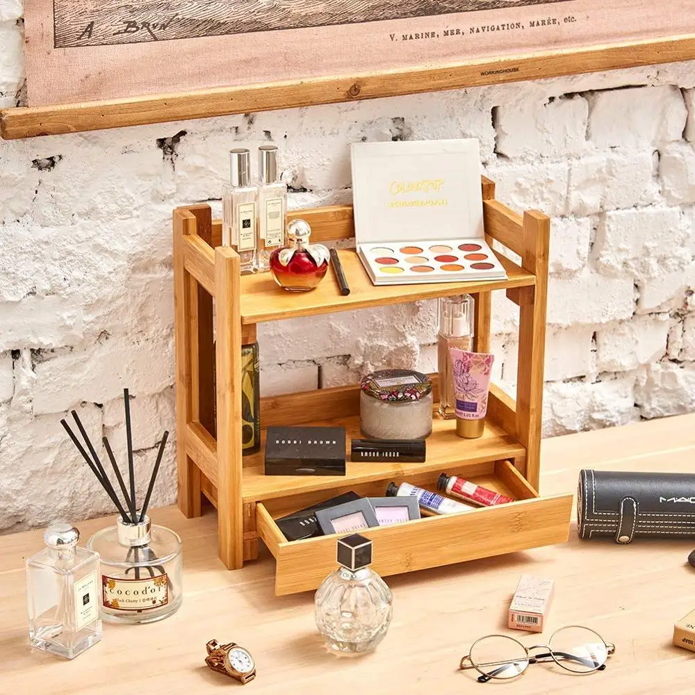 Bamboo Wooden Two Tier Dressing Table Storage Rack,Table Cosmetic