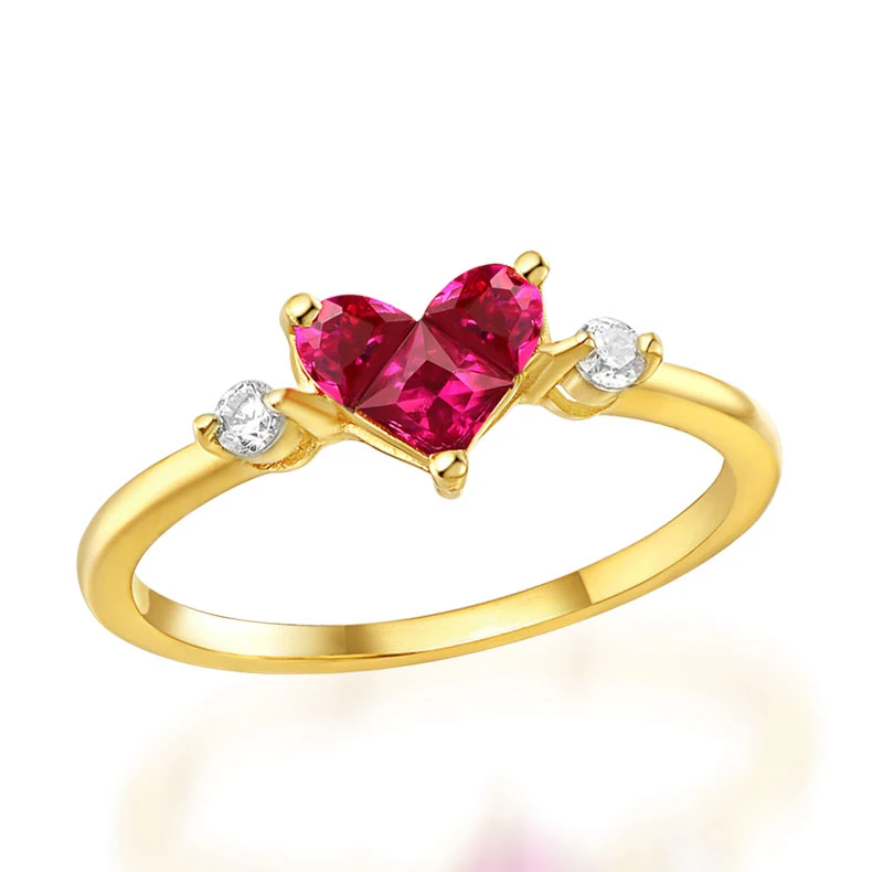 

1 Gram real gold jewelry red corundum Heart Shaped 14K gold ring, Yellow gold