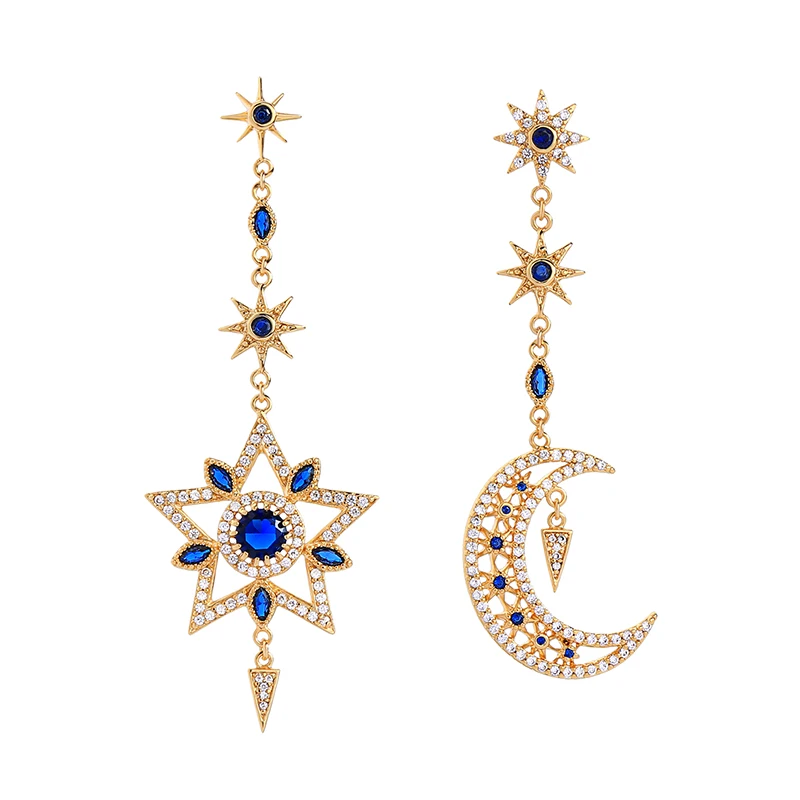 

me00118 Navy Blue Gem Zircon Star Moon Filigree Gold Drop Earrings