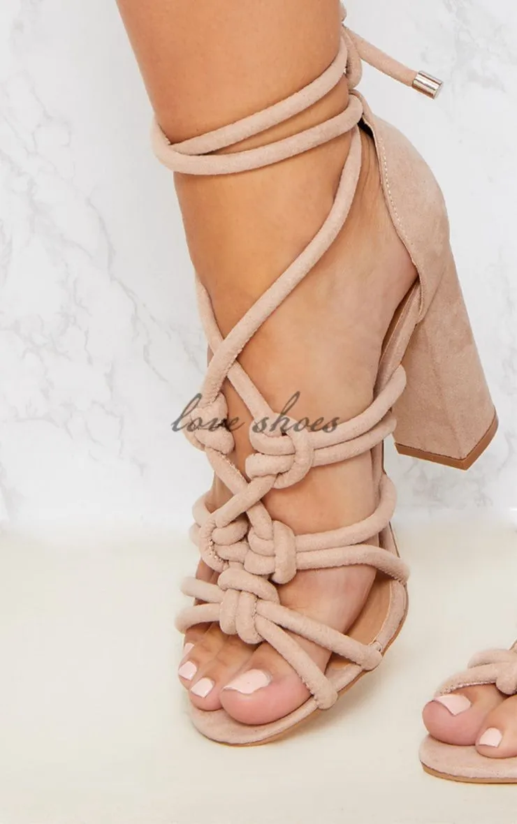 Hotsales Knotted Rope Design Ankle Tie Ladies Fashion Block Heels